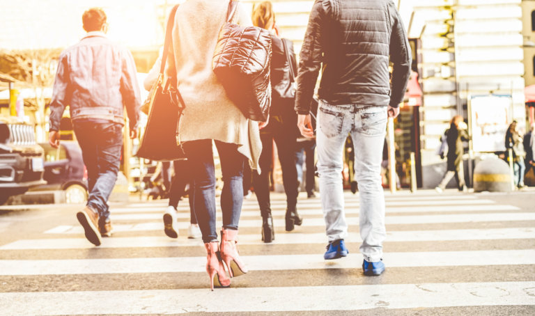 Pedestrians crossing an intersection.