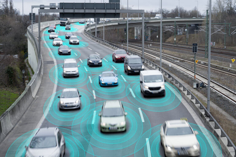 Self-driving cars on a highway.