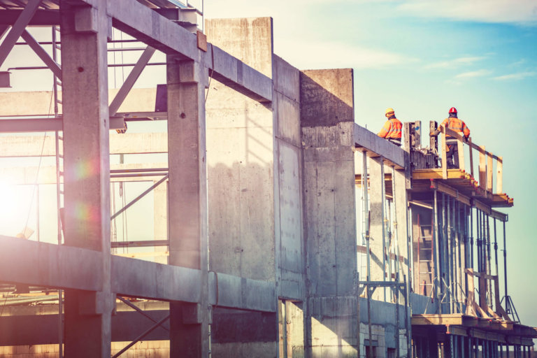 Workers on a building construction site.