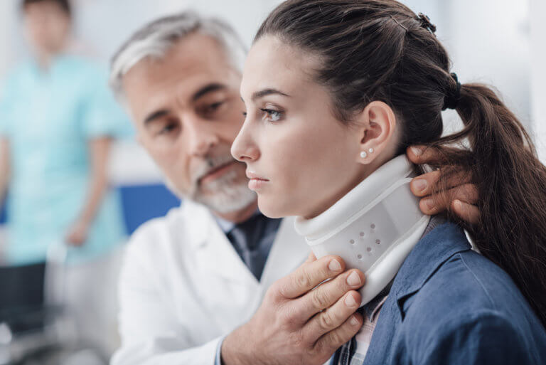 Woman with a serious personal injury from an accident at a doctor's office.