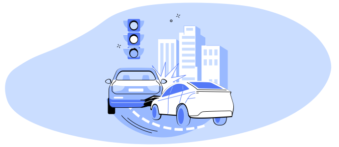 Illustration of two cars colliding at traffic light.