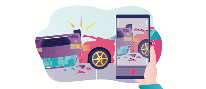 Illustration of person taking a picture of an uber accident with their phone.