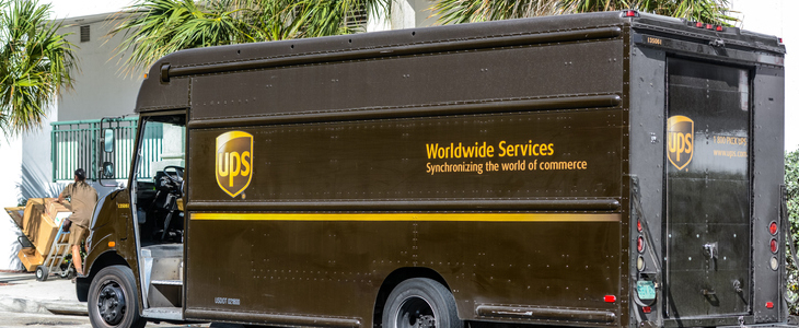 A UPS truck driving in Los Angeles
