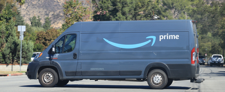 An Amazon delivery truck in downtown Los Angeles