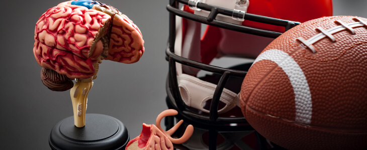 Football and helmet alongside a brain model