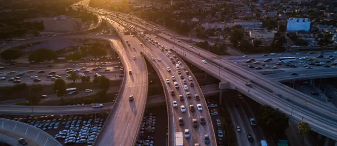 Aerial view of Los Angeles roadway at sunset