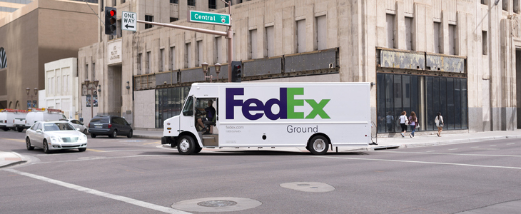 A fedex truck driving in Los Angeles