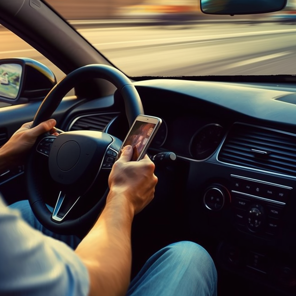 animated image of man on phone in car, driving while distracted