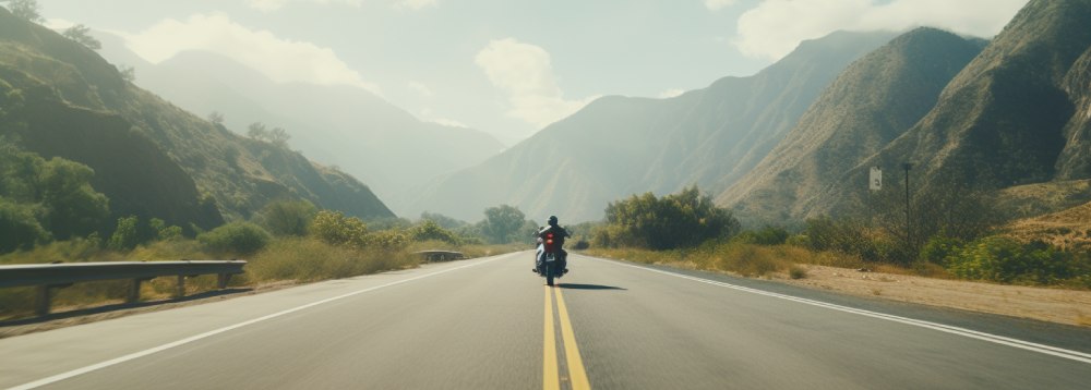 a person riding a motorcycle on a highway in california with mountains visible in the background