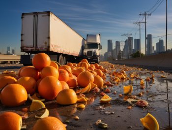 a truck that has jackknifed and spilled its cargo of oranges on a highway in los angeles, california