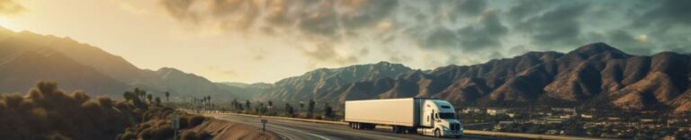 a truck driving on a California highway with a low mountain in the background and semi dark clouds