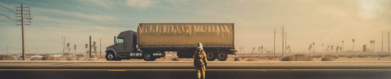 a person in a hazmat suit approaching a semi truck on a rural highway in California