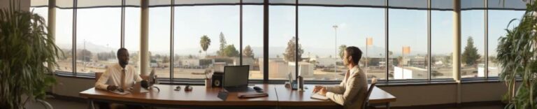two coworkers talking at their desks in a California office with lots of open view windows
