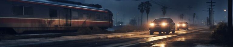 in Los Angeles at night a vehicle is driving on a road a longside a train coming