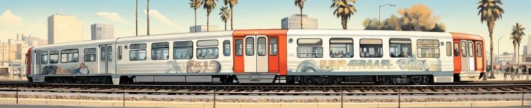 an orange and white train with street graffiti in sunny Los Angeles California