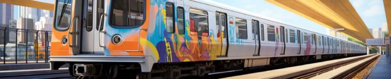 a metro train coming down with Los Angeles street graffiti painted on the front