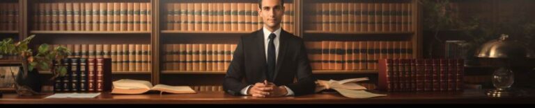a lawyer with his hands together with a black suit and slightly smirking in his office with law books behind him
