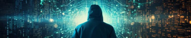 hacker breaking into the darknet showing a hacker facing away in a hoodie and encryption data as the background with a light in the center around the hacker