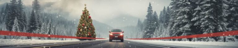 a red car driving down a snowy California road with a large Christmas tree imagined off to the side with red banners going to the corner of the photo