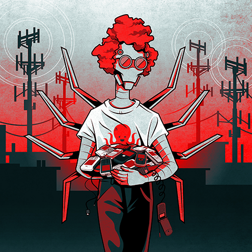 The logo for the hacking group known as scattered spider, showing a redheaded robot wearing an octopus shirt holding a bunch of cellphones in his arms with telephone poles in the background