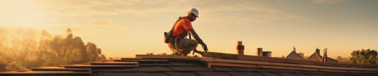 a roofer in an orange shirt is on the roof of a California home as the sun is going down