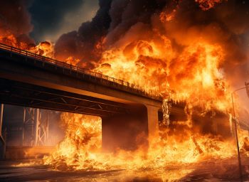 a graphic of a bridge burning after a fuel tanker explosion
