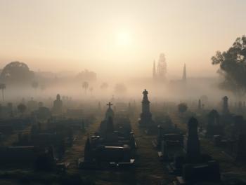 a cemetery filled with gravestones in the fog in california
