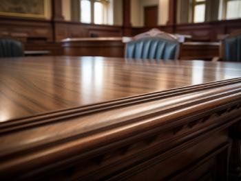 tables and chairs inside of a california courthouse for a wrongful death trial