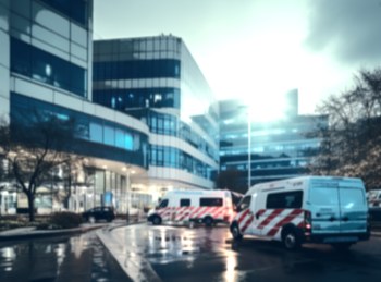 a slightly blurry photo of a hospital exterior with several ambulances parked outside