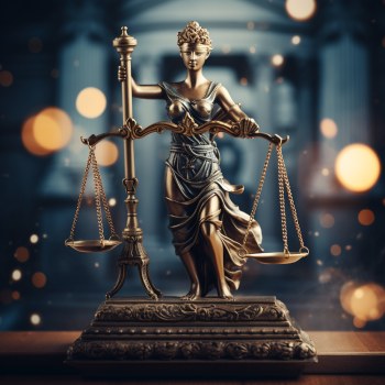 a creative visual showing lady justice with her scales of justice in a courtroom setting