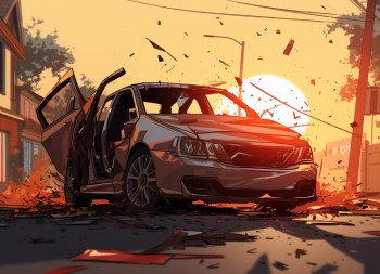 graphic showing a car crash in california during sunset