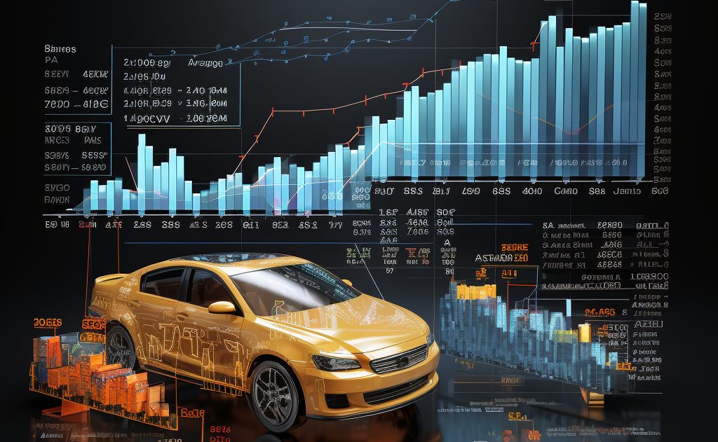 a graphic showing a car accident with graphs and charts behind it