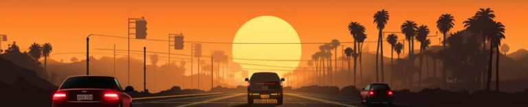 a cartoon type image of a car driving in California at dusk