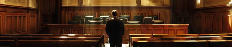 a man standing infront of an empty courtroom