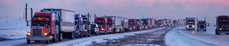 truckers lined up in traffic during a snowy day