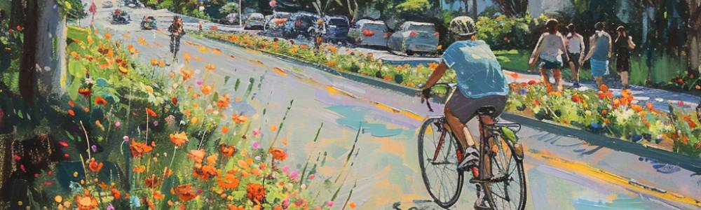 painting of a bicyclist pedaling down a busy california street during the spring