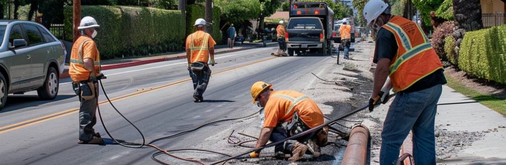 road crew workers installing a pipe on a california street on a warm sunny day