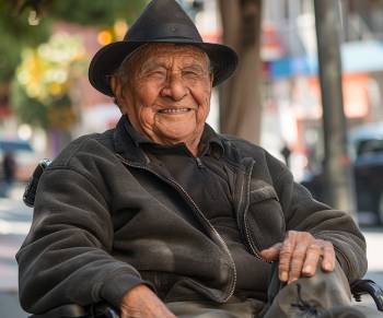 smiling elderly man sitting in a wheelchair
