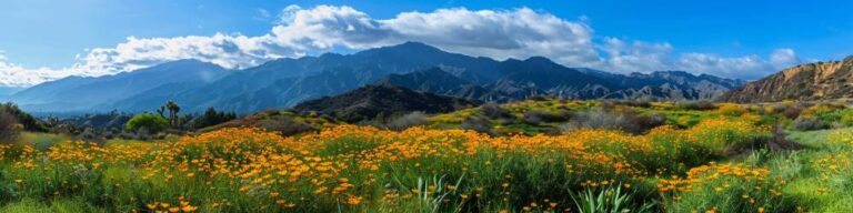 a photograph showing spring time in california with flowers and green grass everywhere with mountains in the background