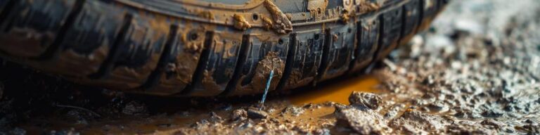 a tire driving through mud on a construction site about to run over a drill bit and pop their tire
