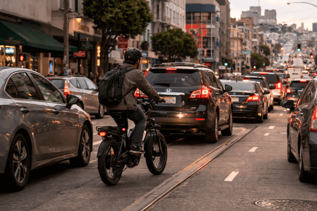 A man riding an electric bike on a busy urban street.