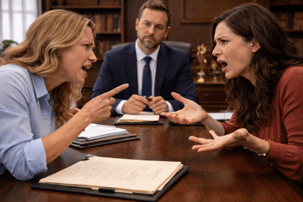 Miembros de la familia discutiendo sobre un acuerdo por muerte por negligencia.