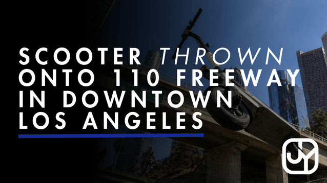 A scooter thrown onto the 110 freeway in downtown L.A. causing a 7-car crash.