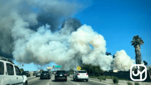 View of Boyle Heights fire from 5 Freeway in Los Angeles